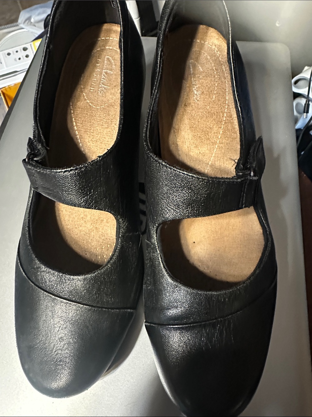 Clarks Black Leather Mary Jane Flats with Adjustable Strap